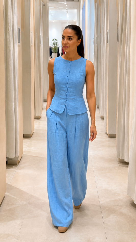 Front angled view of sky blue matching sleeveless top and flowing wide leg pants set